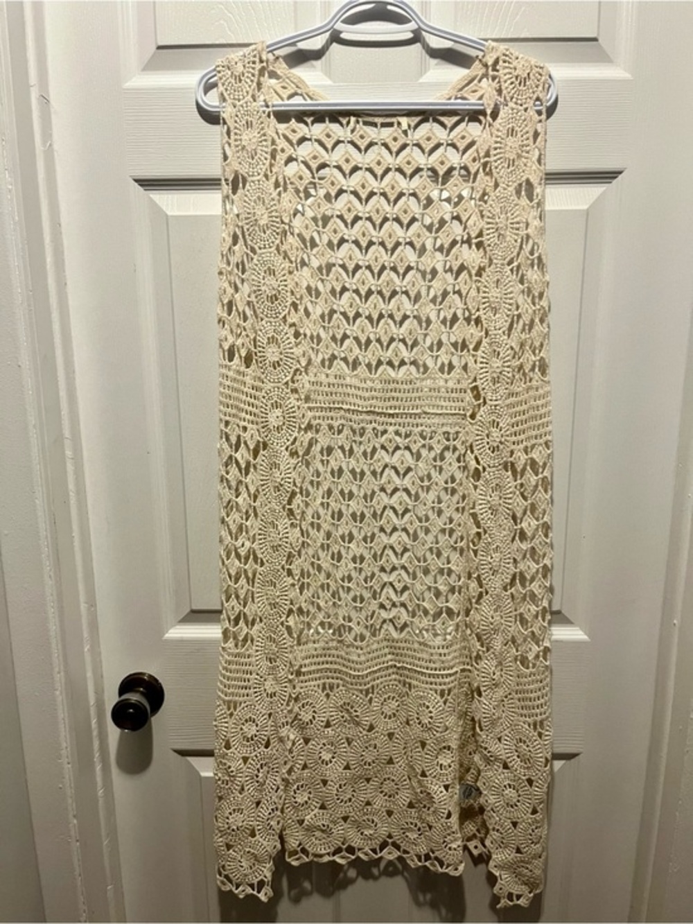 Vintage Cardigan Crochet Boho Top Medium Open Front Vest Festival Summer Cream